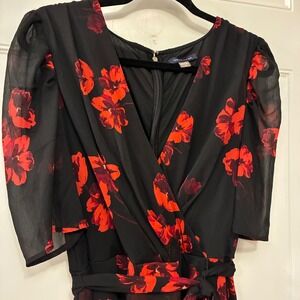 Tommy Hilfiger Black Red Floral Dress Size 10 Sheer Sleeve Wrap Midi Chiffon